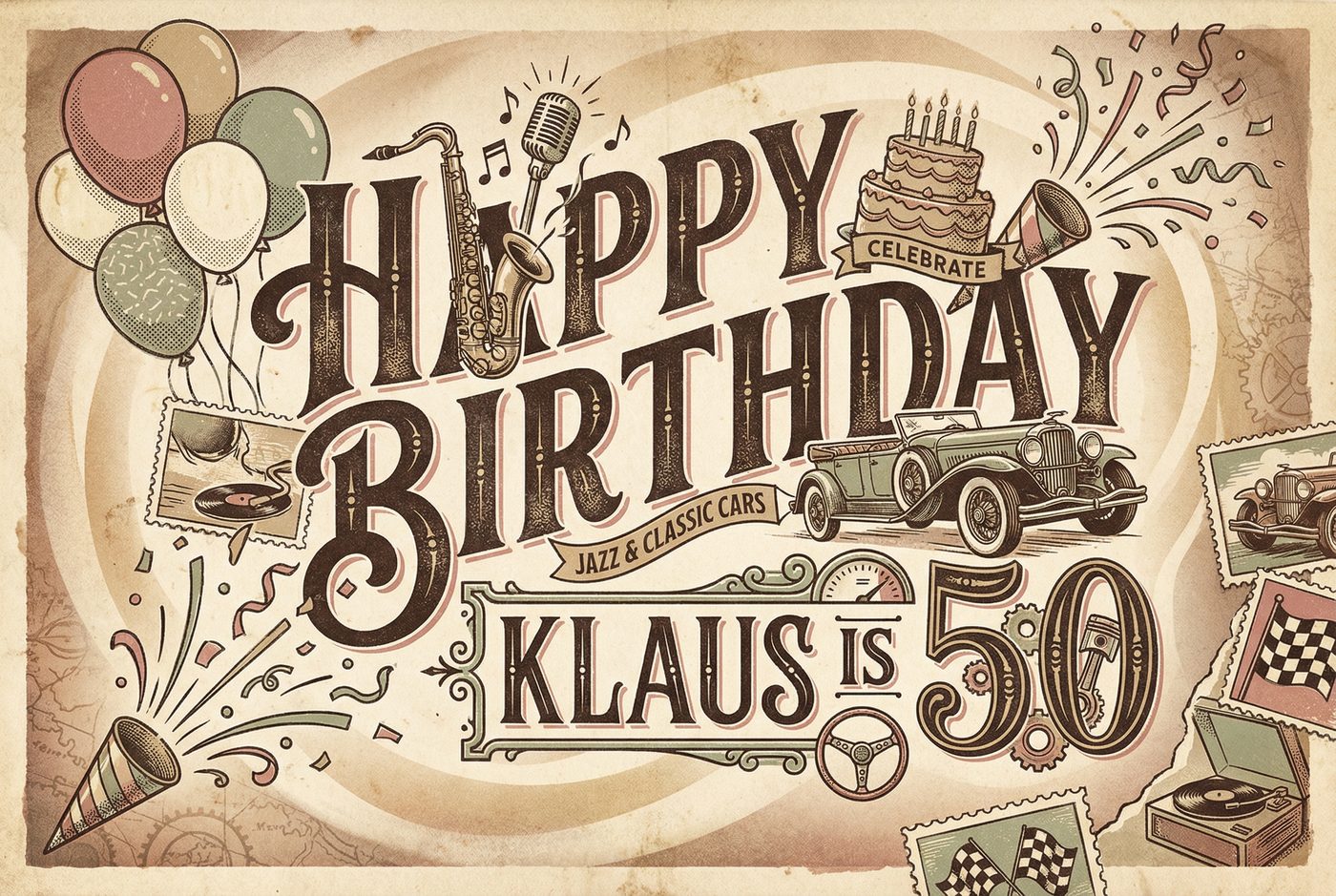 Klaus's 50th Birthday · Vintage placemat — German — jazz and classic cars
