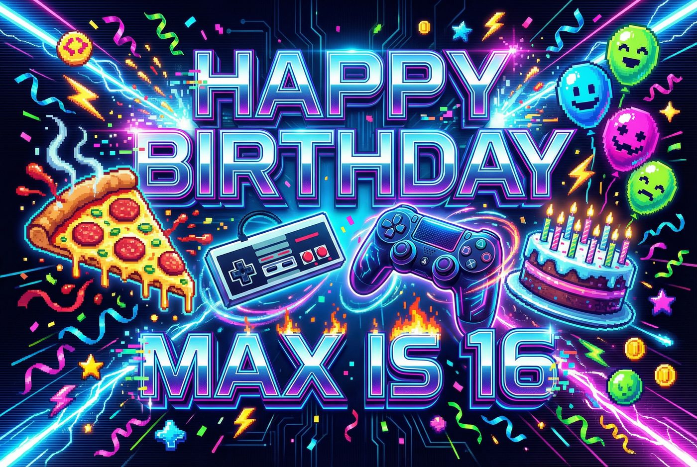 Max's 16th Birthday · Gamer placemat — gaming controllers and pizza