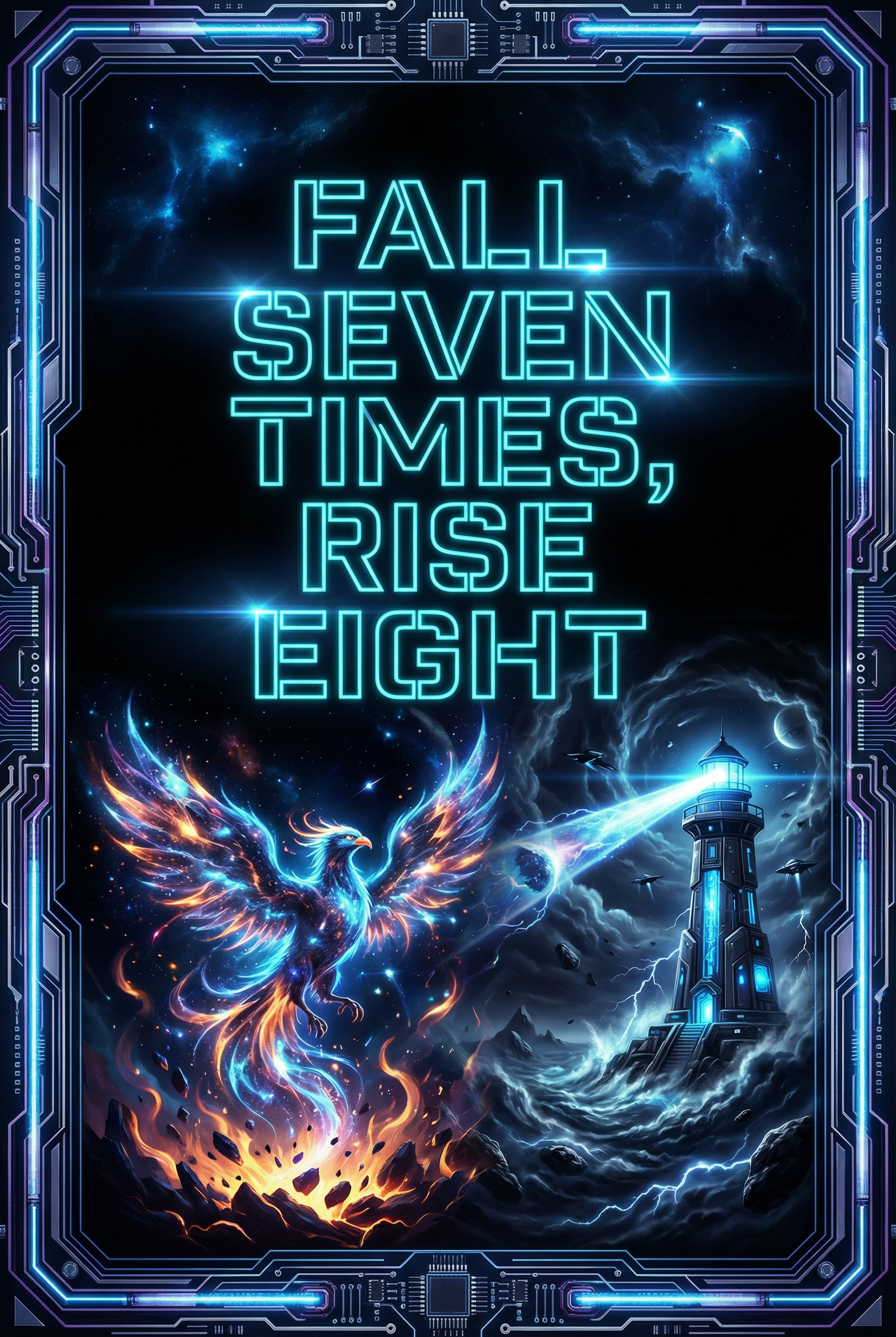Resilience — Fall Seven Times Rise Eight — Dark Cosmic portrait inspirational sign