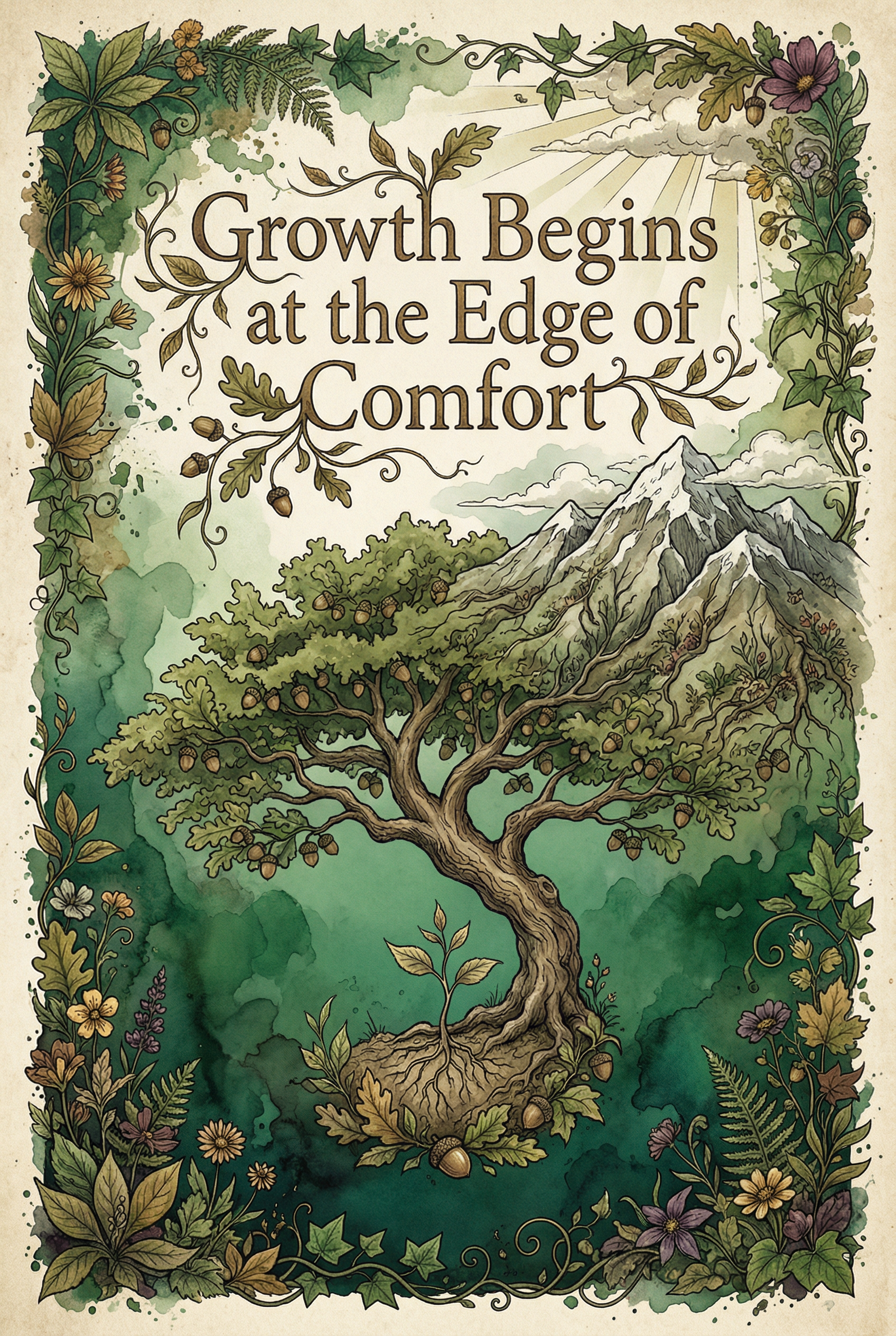Growth Mindset — Growth Begins at the Edge of Comfort — Nature botanical portrait sign